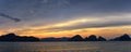 Islands Sunset, Ocean panorama views near Phuket with deep Red, Orange, Purple and Blue, mountains, twilight in Thailand. Includin Royalty Free Stock Photo