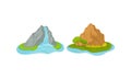 Islands with Waterfall and Rock Massif Surrounded by Water Vector Set