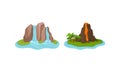 Islands with Waterfall and Volcano Surrounded by Water Vector Set Royalty Free Stock Photo