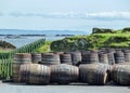 Islay, Scotland - Sseptember 11 2015: The sun shines on Ardbeg distillery warehouse Royalty Free Stock Photo