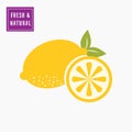 Yellow whole and half cut lemon icon with leaves. Royalty Free Stock Photo