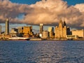 The Isle of Man ferry moored at Liverpool`s historic waterfront, including modern office blocks