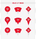 Isle of Man flag, set of location pin icons of Isle of Man flag