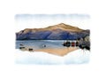 Isle of Skye harbour, Scotland, England. Watercolor hand drawn landscape with white frame.