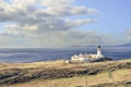 Isle of Skye, Neist Point white lighthouse building on cliff, islands and ocean in the background Royalty Free Stock Photo