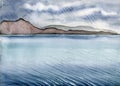 Isle of Skye rainy landscape with hills and water waves, Scotland, England