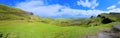 Panoramic view of the green landscape of the Quiraing, Isle of Skye, Scotland Royalty Free Stock Photo