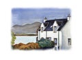 Isle of Skye traditional house, Scotland, England. Watercolor hand drawn landscape Royalty Free Stock Photo