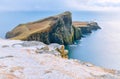 Isle of Skye winter landscape - Neist Point lighthouse and storm over ocean Royalty Free Stock Photo