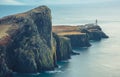 Isle of Skye winter landscape - Neist Point lighthouse and storm over ocean Royalty Free Stock Photo