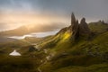 Dark and moody low clouds over the iconic Old Man of Storr on the Isle of Skye, Scotland, UK. Royalty Free Stock Photo