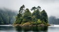 Beautiful Islet With Deciduous Trees And Firs In Rainy Weather