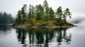 Serene Islet: Deciduous Trees And Firs In Rainy Weather