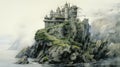 Islet: A Hyperrealistic Fantasy Painting Of A Castle On A Rock