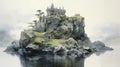 Islet: A Hyperrealistic Illustration Of A Castle On A Rocky Island