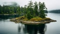 Picturesque Islet With Deciduous Trees And Firs In Rainy Weather