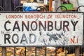 ISLINGTON, LONDON, ENGLAND- 18 November 2021: Canonbury Road street sign outside the Save Our Trees protest camp