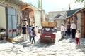 Mountainous road leading to Lahic village in Ismayilli region of Azerbaijan, with car