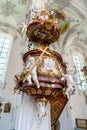 Interior view of the elaborate baroque pulpit in the church of St. Georg and Jakobus in Isny in southern Germany