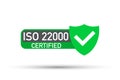 ISO 22000 Certified badge, icon. Certification stamp. Flat design vector.