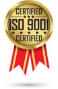 ISO 9001 certified gold label with red ribbon, vector illustration Royalty Free Stock Photo