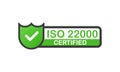 ISO 22000 certified green badge. Flat design stamp isolated on white background. Vector. Royalty Free Stock Photo