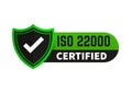 ISO 22000 Certified green badge, icon. Certification stamp. Flat design vector. Royalty Free Stock Photo