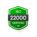 ISO 22000 Certified green vector banner. Flat certification label isolated on white background. Food safety concept Royalty Free Stock Photo