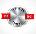 ISO 9001 certified, silver badge with red ribbon - vector eps10