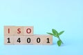 ISO 14001 or Environmental Management System on wooden blocks in blue background with green leaf.