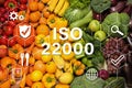 ISO 22000 - Food safety management. Assortment of fresh fruits and vegetables as background, top view Royalty Free Stock Photo