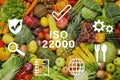 ISO 22000 - Food management. Assortment of organic fresh fruits and vegetables as background, top view Royalty Free Stock Photo