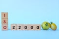 ISO 22000 or Food Safety Management System on wooden blocks in blue background.