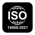 Iso 14000:2021 icon. Environmental Management. Standard quality symbol. Vector button sign isolated on black background