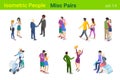 Isometric Casual People flat vector collection. Couple of people walking standing hugging sitting on Bench