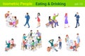 Isometric People eating and Drinking in Restaurant or Outdoor flat vector collection.