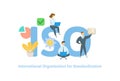 ISO standart, International Organization for Standardization. Concept with people, letters, and icons. Flat vector