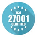 Iso 27001 vector icon, flat design blue round web button isolated on white background Royalty Free Stock Photo