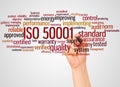ISO 50001 word cloud and hand with marker concept