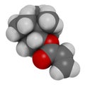 Isobornyl acrylate molecule. 3D rendering. Atoms are represented as spheres with conventional color coding: hydrogen white,