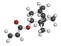 Isobornyl acrylate molecule. 3D rendering. Atoms are represented as spheres with conventional color coding: hydrogen white,