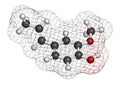 Isoeugenol fragrance molecule. 3D rendering. Atoms are represented as spheres with conventional color coding: hydrogen white,.