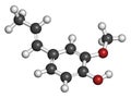Isoeugenol fragrance molecule. 3D rendering. Atoms are represented as spheres with conventional color coding: hydrogen white,.