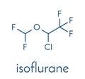 Isoflurane anesthetic drug molecule. Used for inhalational anesthesia during surgery. Skeletal formula.