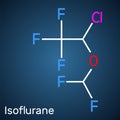 Isoflurane molecule, is inhalation anesthetic used for general anesthesia. Structural chemical formula on the dark blue background