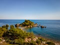 Isola Bella at Taormina, Sicily, Aerial view of island and Isola Bella beach and blue ocean water in Taormina, Sicily Royalty Free Stock Photo