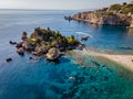 Isola Bella at Taormina, Sicily, Aerial view of island and Isola Bella beach and blue ocean water in Taormina, Sicily Royalty Free Stock Photo