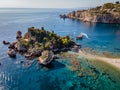 Isola Bella at Taormina, Sicily, Aerial view of island and Isola Bella beach and blue ocean water in Taormina, Sicily Royalty Free Stock Photo