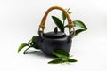 Isolate black tea pot on white background. Decorate with fresh green tea leaves.