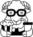 isolate black and white illustration of Sheep wearing 3D glasses and holding popcorn and a soda Royalty Free Stock Photo